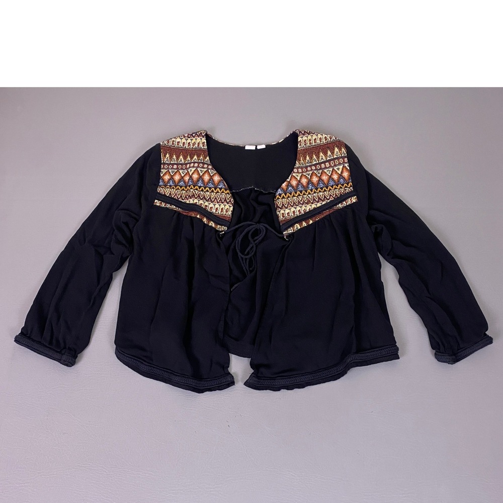 Melrose and Market Blouse Top XL P Black Boho Embroidered‎ Yoke Tie Front Rayon
